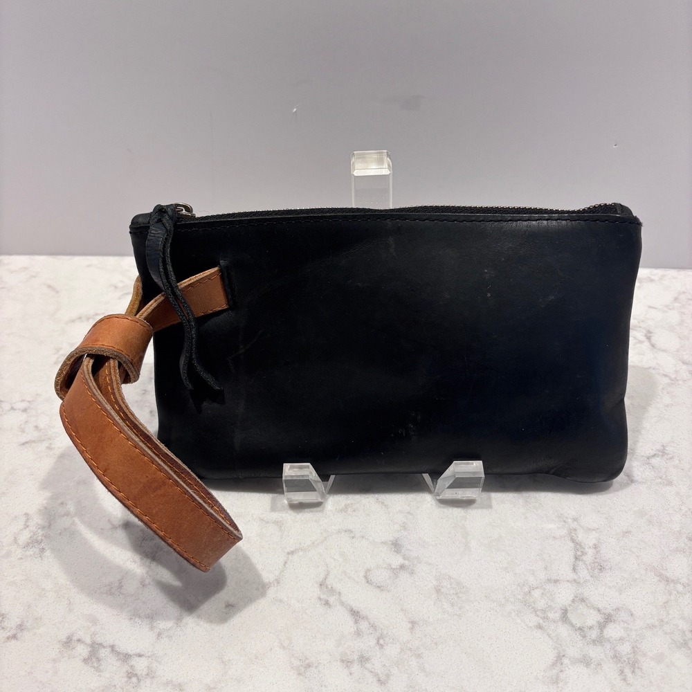 ABLE Black Leather Rachel Wristlet Pouch Cognac Brown Strap Zip Top Clutch